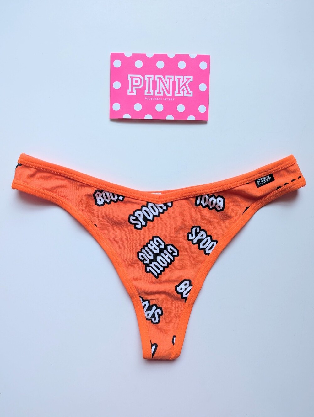 VS Pink Medium Logo V Thong Panties V-cut Halloween Print Boo Orange Spooky